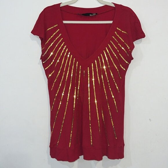 Love moschino red gold sequins vneck blouse size 10 - Picture 1 of 10